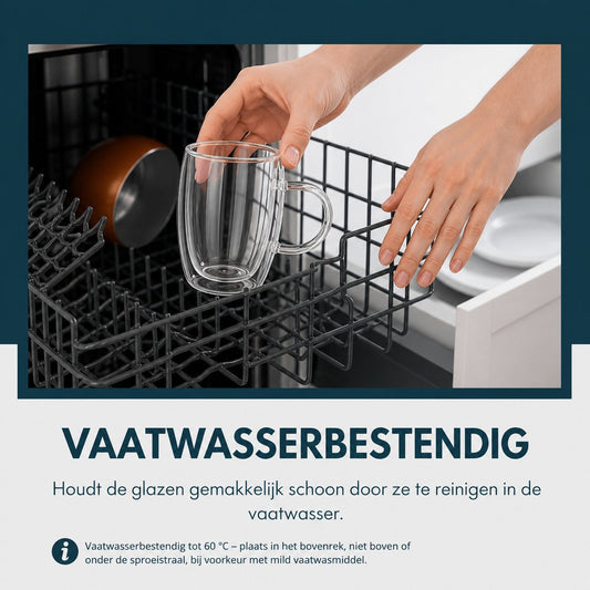 Glas met oor van 350 ml in het bovenrek van de vaatwasser: vaatwasserbestendig tot 60°C