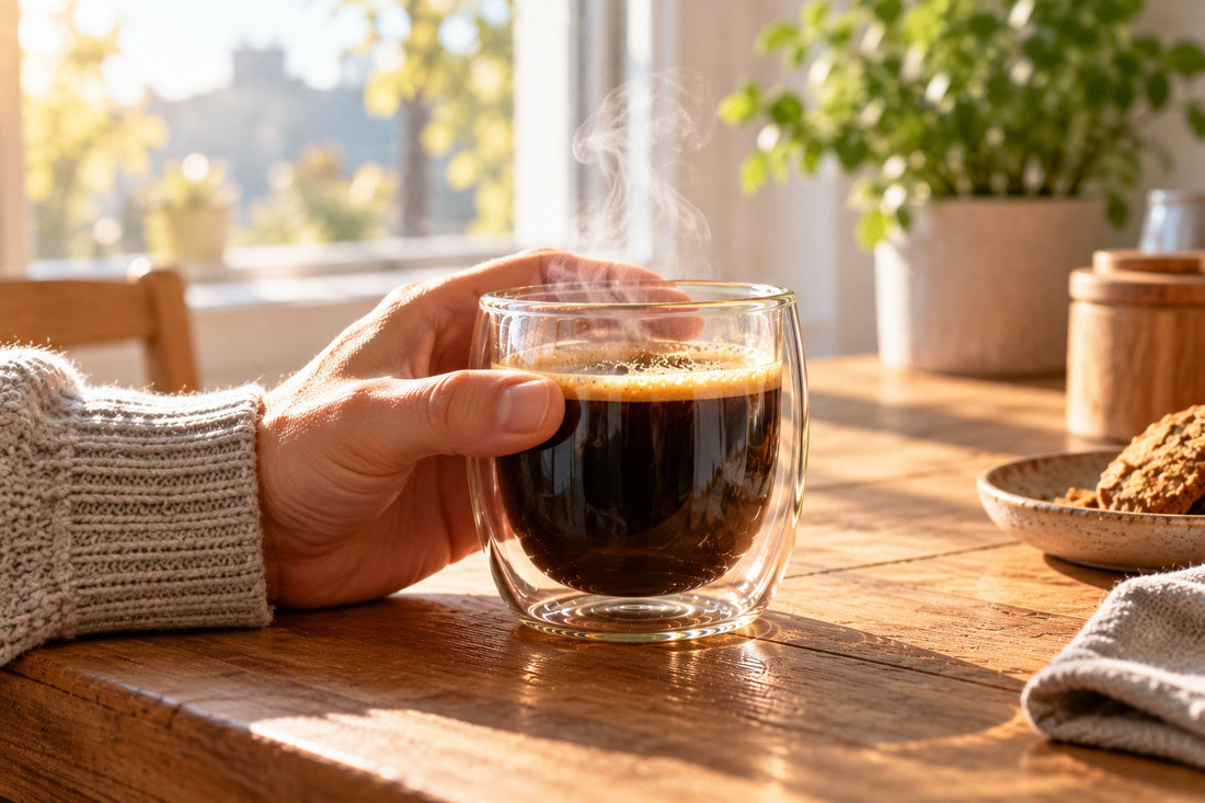 Hand om een dubbelwandig glas met dampende koffie