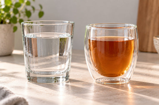 Gewoon drinkglas naast een dubbelwandig borosilicaatglas met thee
