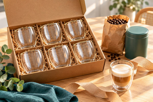 Geschenkdoos met dubbelwandige glazen, koffiebonen en thee