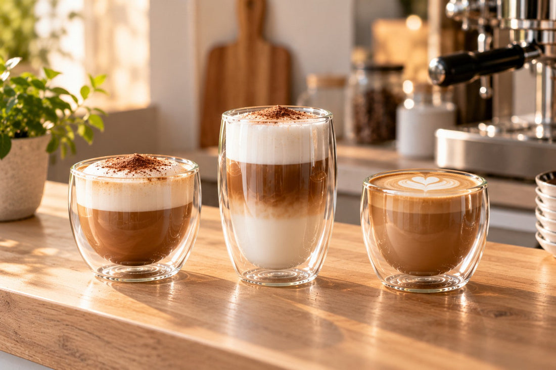 Cappuccino, latte macchiato en flat white in dubbelwandige glazen
