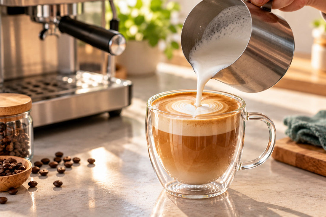 Opgeschuimde melk wordt in een dubbelwandig glas met espresso geschonken