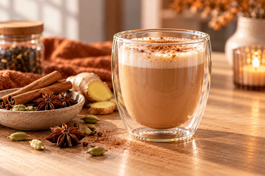 Chai latte met kaneel in een dubbelwandig glas tussen specerijen