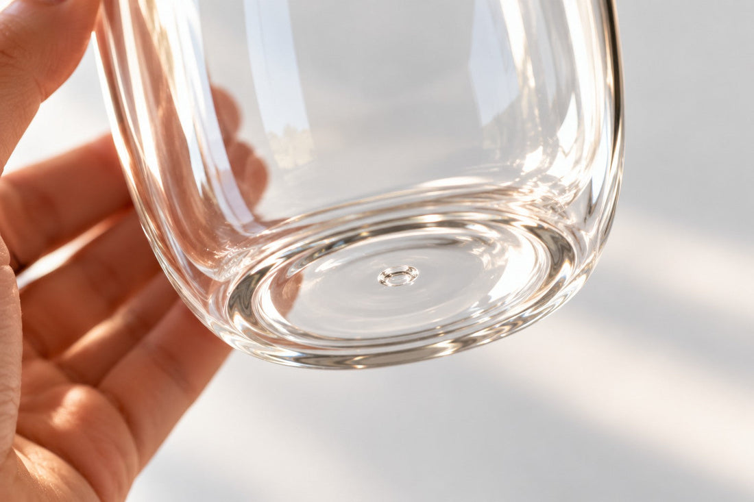 Onderkant van een dubbelwandig glas met het kleine dopje in de bodem