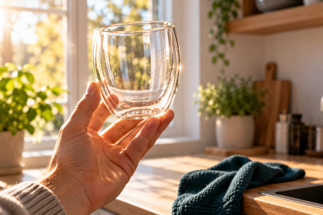 Hand houdt een dubbelwandig glas tegen het licht om het te controleren
