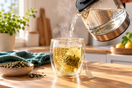 Heet water wordt in een dubbelwandig glas met thee geschonken