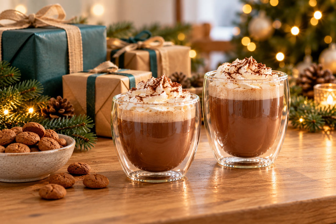 Dubbelwandige glazen met chocomelk naast cadeautjes en pepernoten