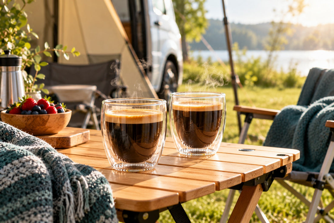 Twee dubbelwandige glazen met koffie op een campingtafel