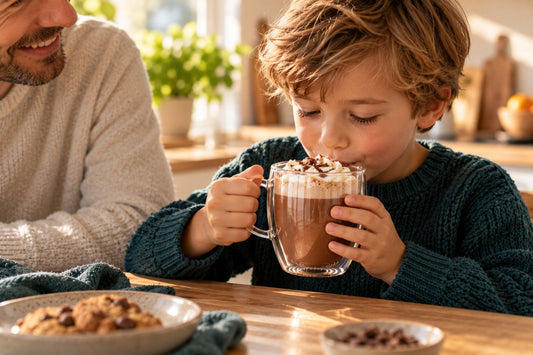 Kind drinkt warme chocomelk uit een dubbelwandig glas met oor