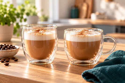 Dubbelwandig glas zonder oor en met oor naast elkaar met cappuccino