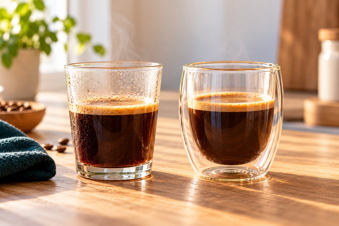 Enkelwandig glas en dubbelwandig glas met koffie naast elkaar