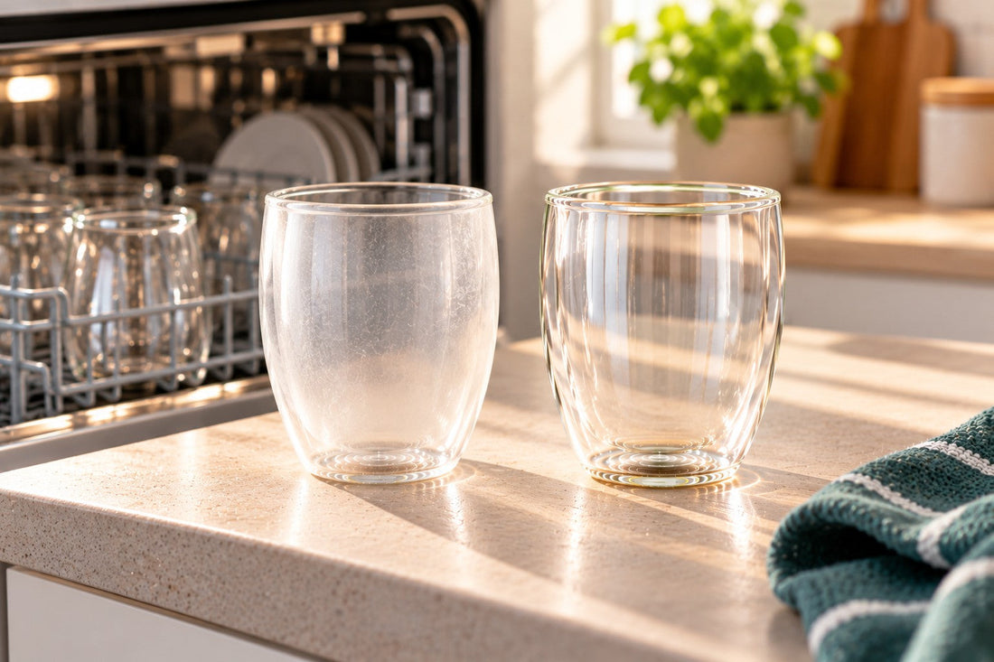 Dof glas naast een helder dubbelwandig glas bij de vaatwasser