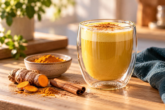 Golden milk kurkuma latte in een dubbelwandig glas met kurkuma en kaneel