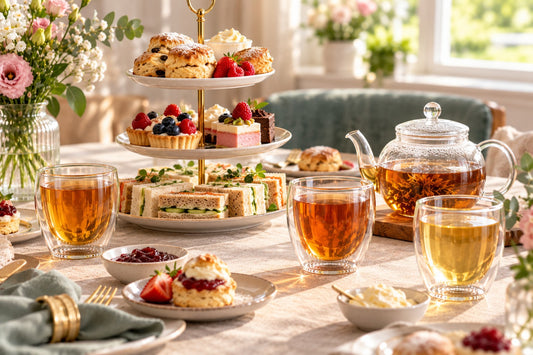 High tea met etagere, glazen theepot en dubbelwandige theeglazen