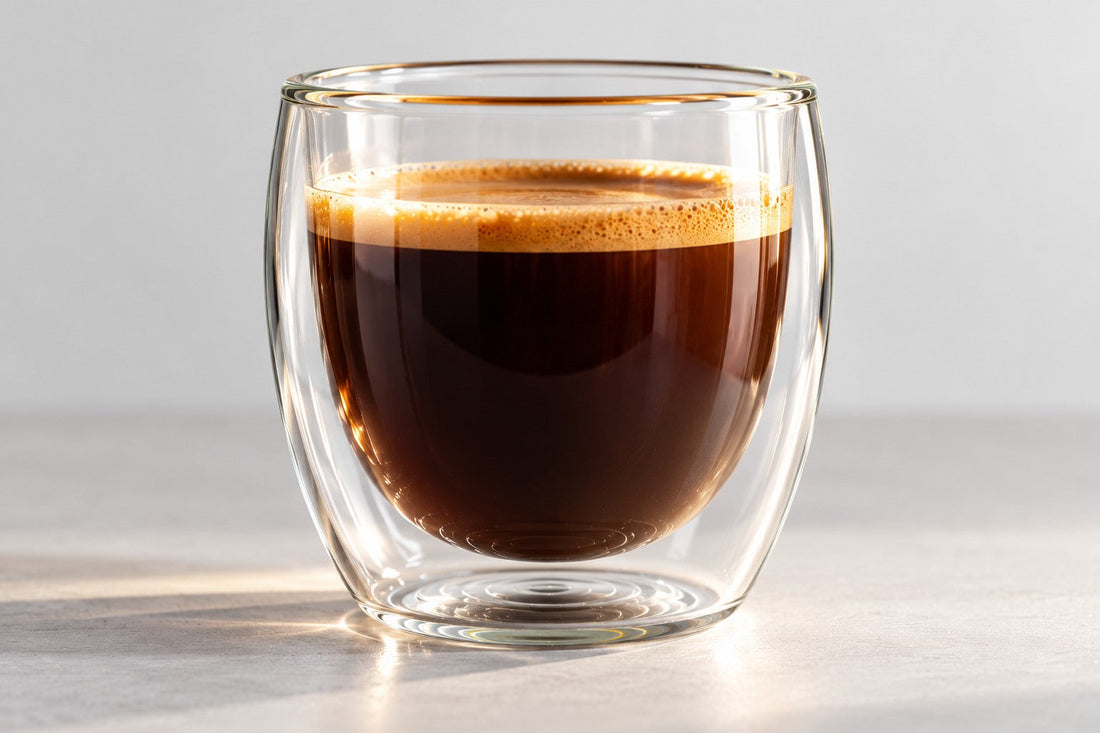 Zwevende koffie in een dubbelwandig glas met zichtbare luchtlaag