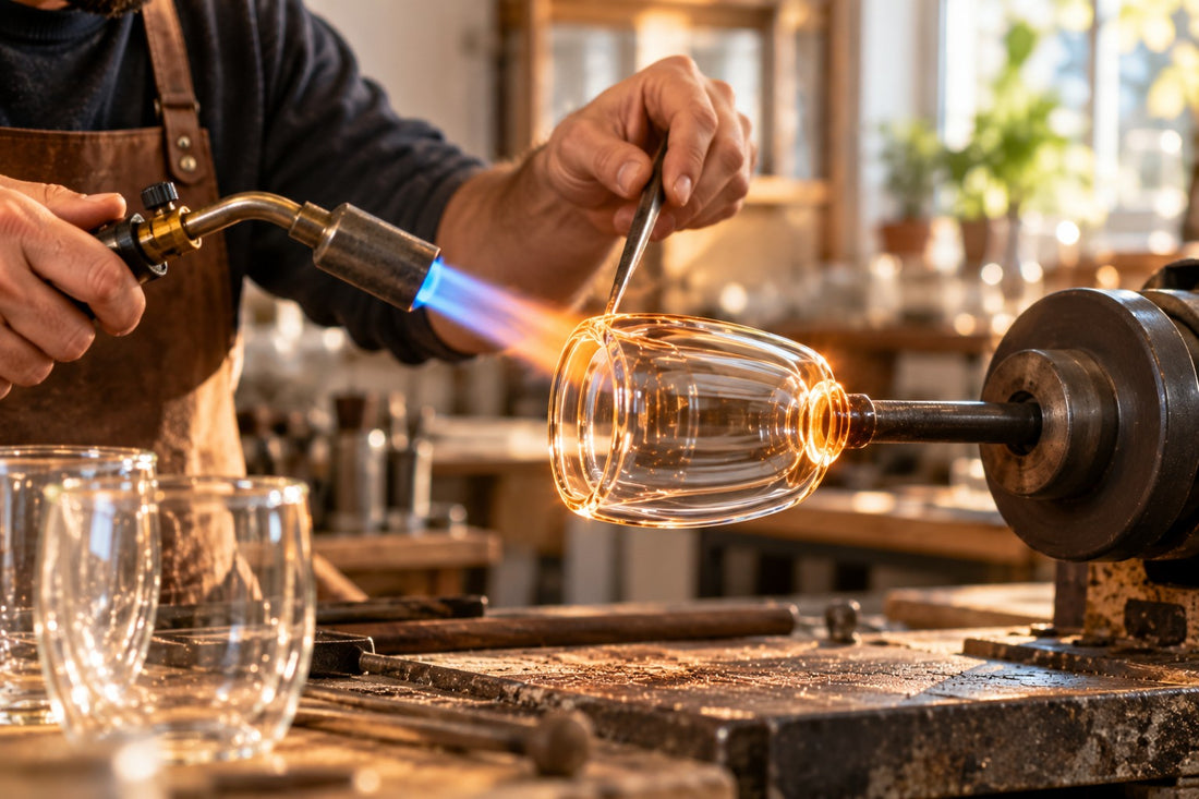 Glasblazer vormt een dubbelwandig glas met een brander