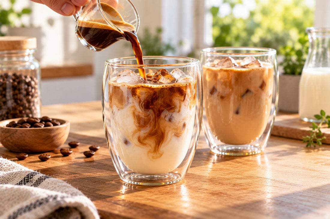 Espresso wordt over ijs en melk in een dubbelwandig glas geschonken