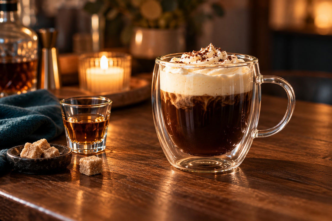 Irish coffee met room in een dubbelwandig glas met oor