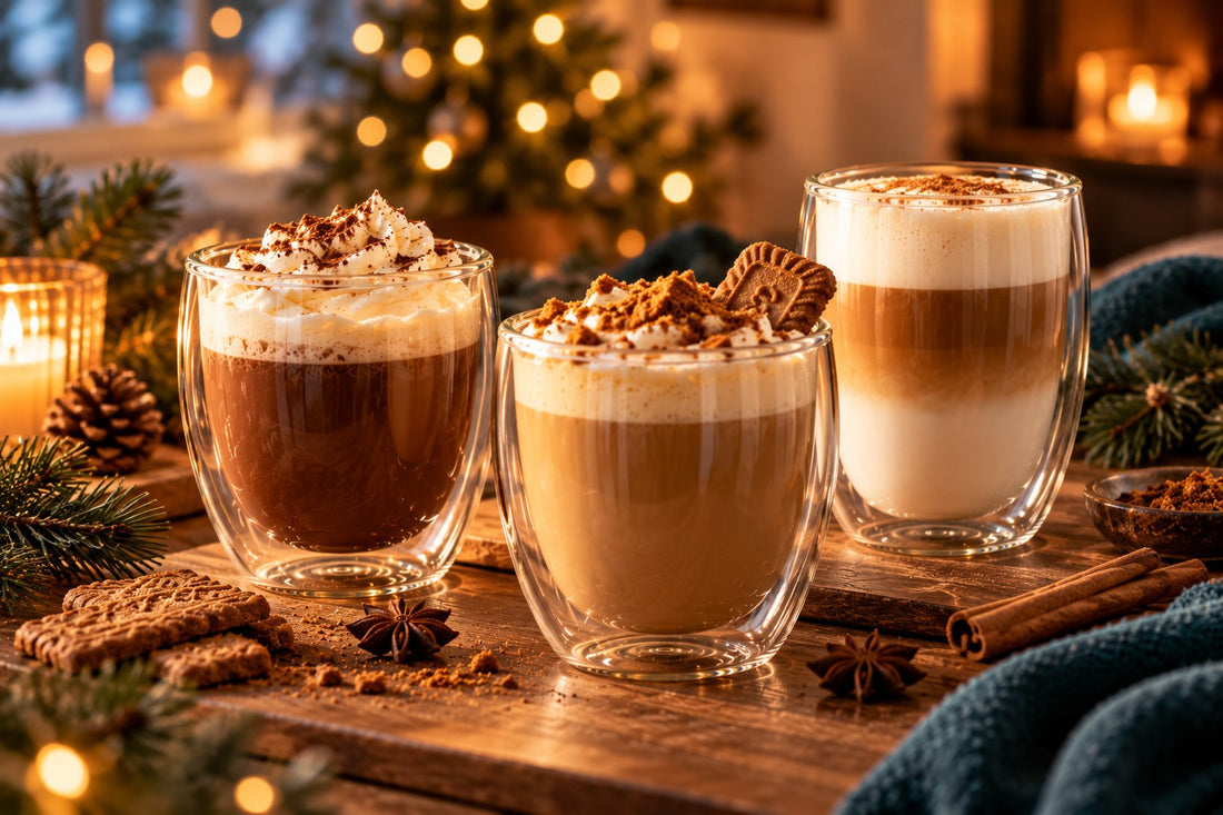 Drie kerstkoffies in dubbelwandige glazen met kaneel en dennentakjes