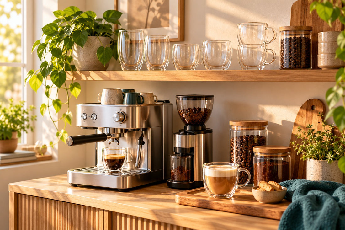Koffiebar thuis met espressomachine en dubbelwandige glazen op een plank