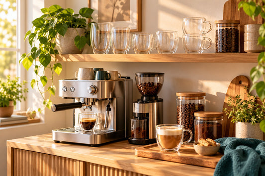 Koffiebar thuis met espressomachine en dubbelwandige glazen op een plank