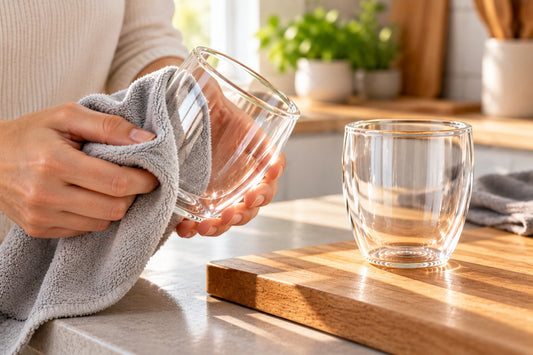 Dubbelwandig glas wordt voorzichtig afgedroogd met een microvezeldoek