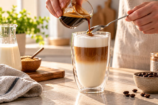 Espresso wordt via een lepel in een latte macchiato geschonken