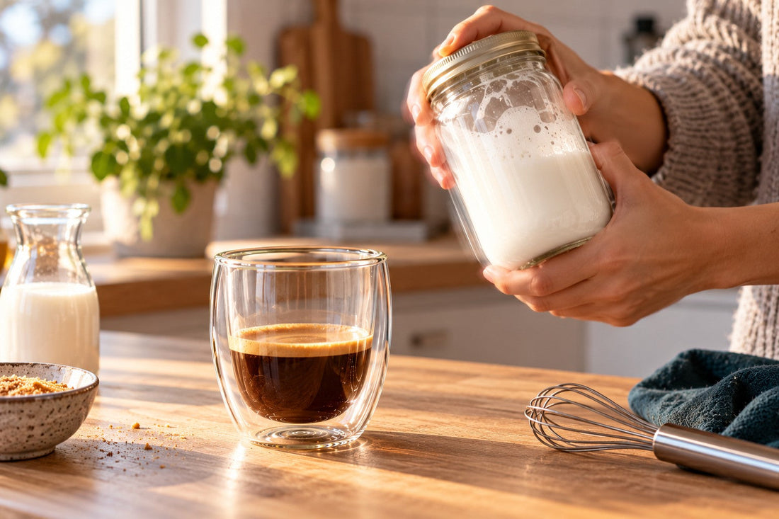 Melk opschuimen in een jampot naast een dubbelwandig glas met espresso