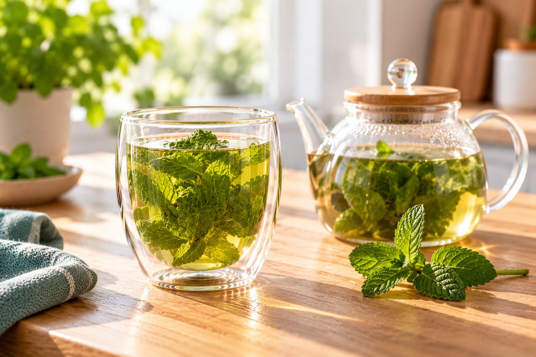 Verse muntthee in een dubbelwandig glas naast een glazen theepot