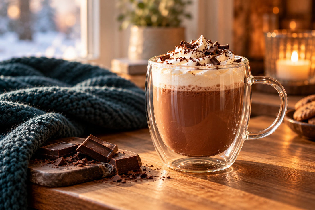 Warme chocolademelk met slagroom in een dubbelwandig glas met oor