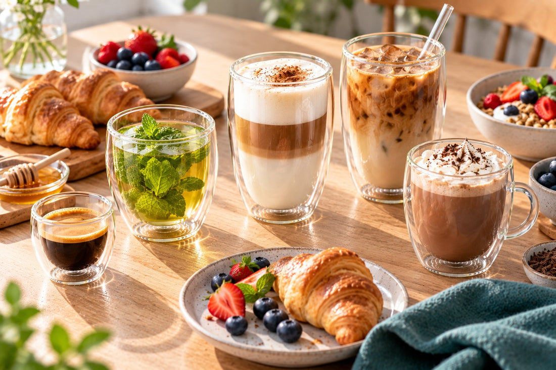 Brunchtafel met dubbelwandige glazen voor koffie, thee en ijskoffie