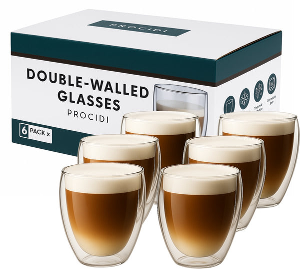 Doos met zes Procidi dubbelwandige glazen van 250 ml met cappuccino