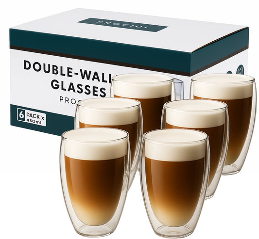 Doos met zes Procidi dubbelwandige glazen van 450 ml met latte macchiato