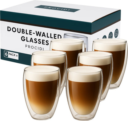 Doos met zes Procidi dubbelwandige glazen van 350 ml met latte macchiato