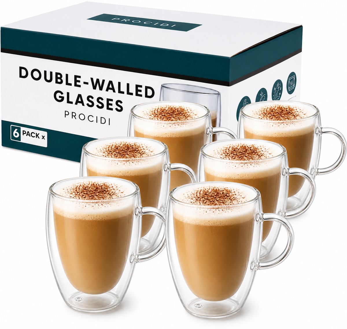 Doos met zes Procidi dubbelwandige glazen met oor van 350 ml met cappuccino en cacao