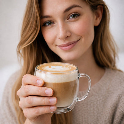 Vrouw houdt een dubbelwandig glas met oor van 250 ml met cappuccino en latte art vast