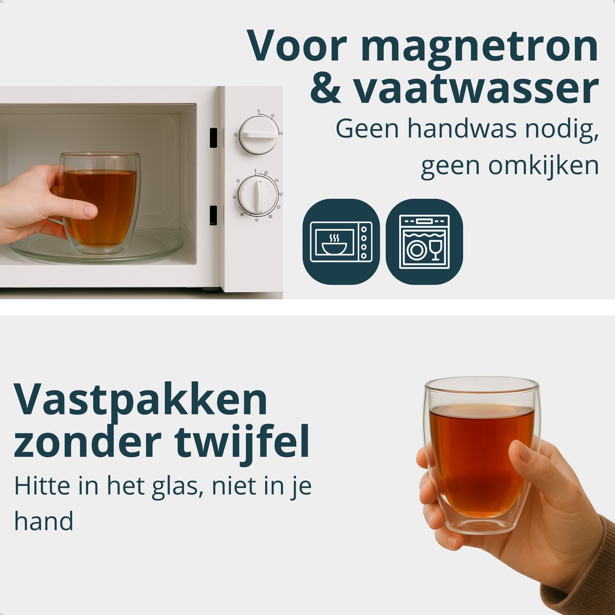 Glas van 350 ml met thee in de magnetron en in de hand: geschikt voor magnetron en vaatwasser, koel vast te pakken