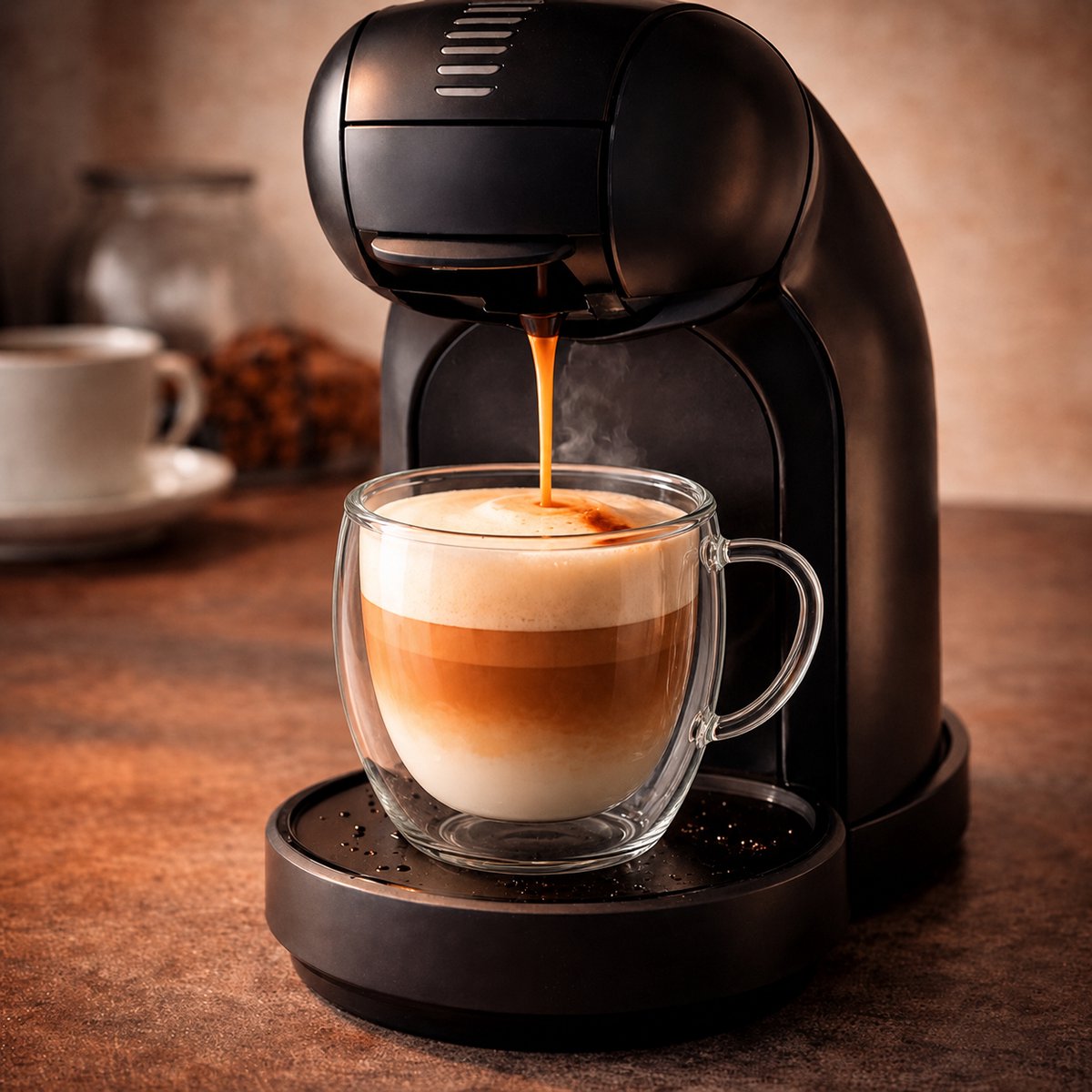 Koffiemachine schenkt koffie in een dubbelwandig glas met oor van 250 ml