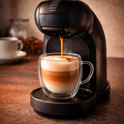 Koffiemachine schenkt koffie in een dubbelwandig glas met oor van 250 ml