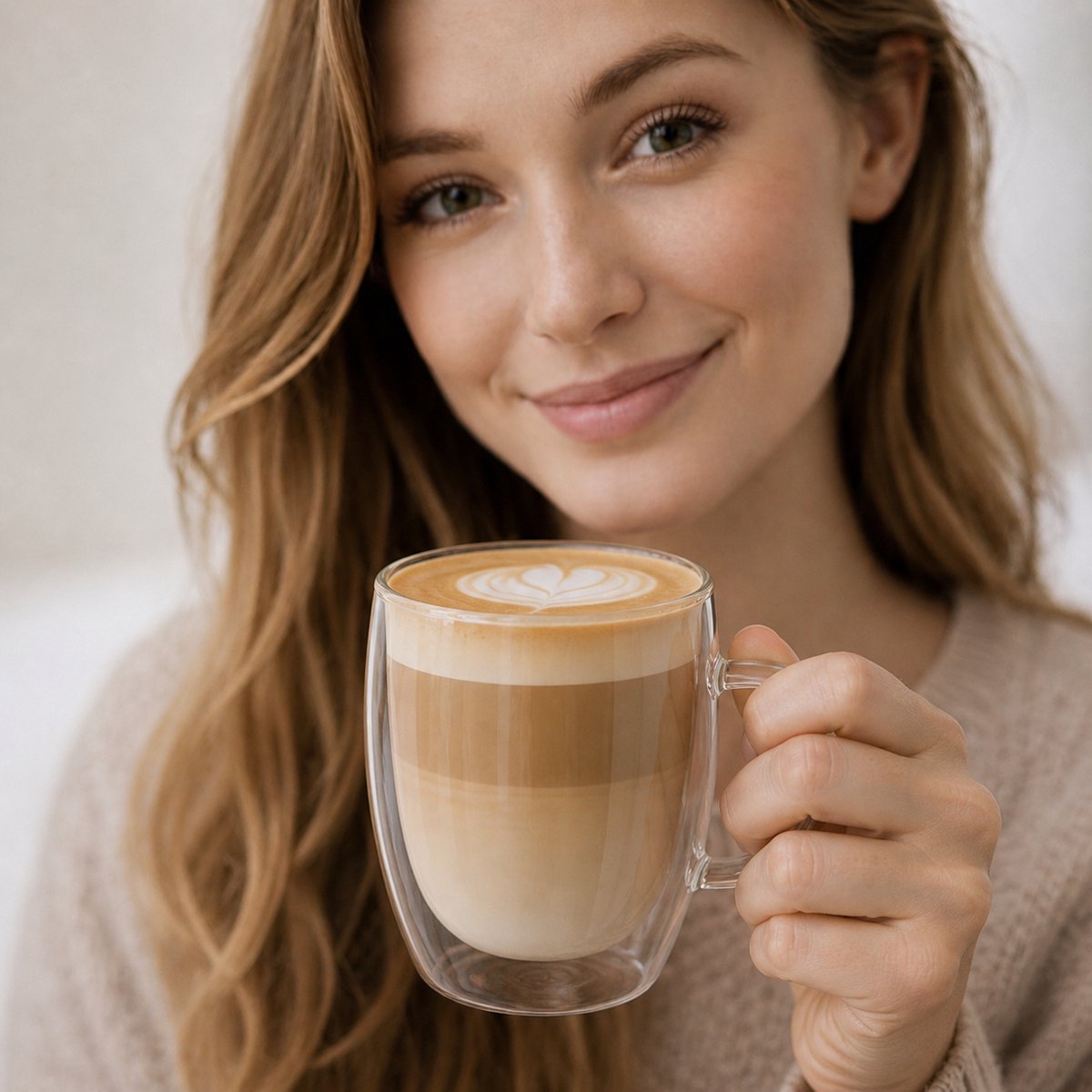 Vrouw met een dubbelwandig glas met oor van 350 ml met latte en latte art