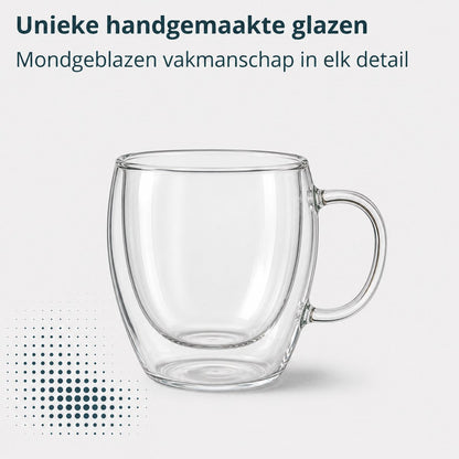 Leeg handgemaakt dubbelwandig glas met oor van 250 ml, mondgeblazen