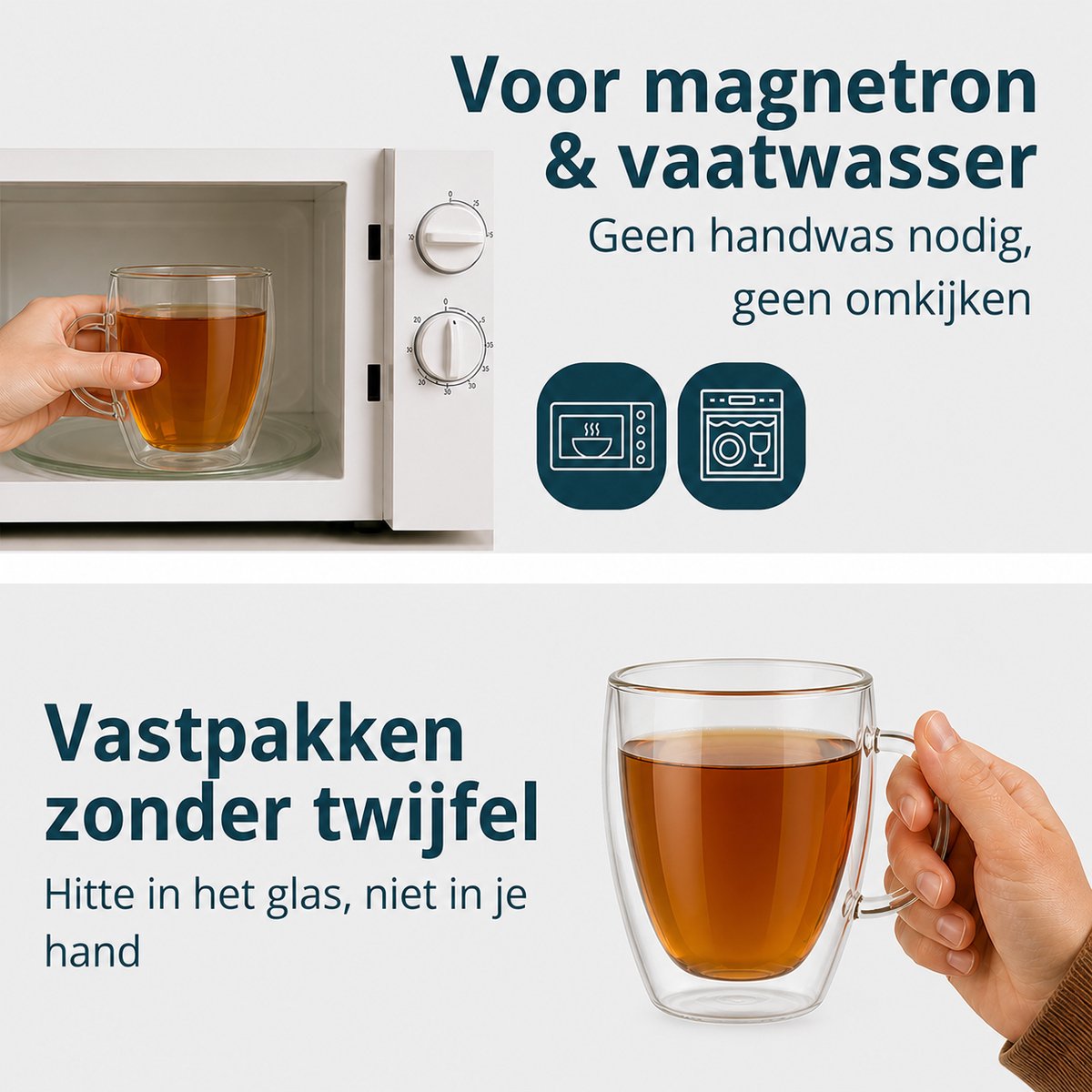 Glas met oor van 350 ml met thee in de magnetron en in de hand: geschikt voor magnetron en vaatwasser