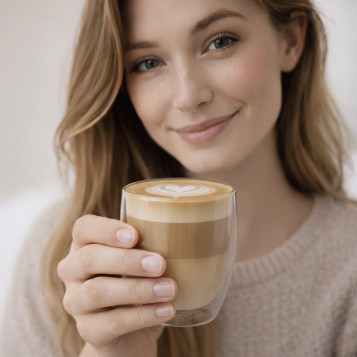 Vrouw met een dubbelwandig glas van 350 ml met latte en latte art in haar hand