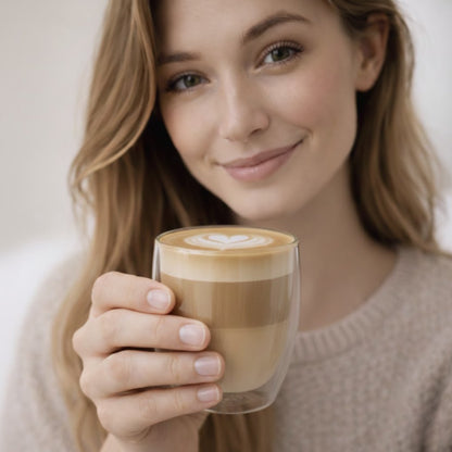 Vrouw met een dubbelwandig glas van 350 ml met latte en latte art in haar hand