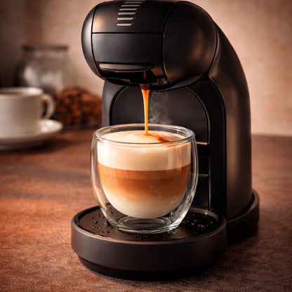 Koffiemachine schenkt koffie in een dubbelwandig glas van 250 ml