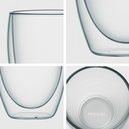 Close-ups van de dubbele wand, rand en bodem met Procidi-logo van het glas van 250 ml
