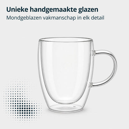Leeg handgemaakt dubbelwandig glas met oor van 350 ml, mondgeblazen