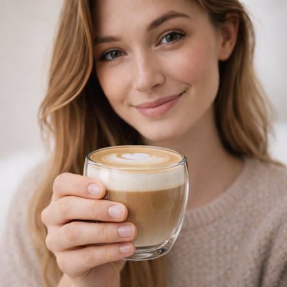 Vrouw houdt een dubbelwandig glas van 250 ml met cappuccino en latte art vast