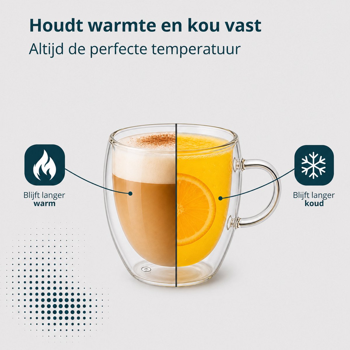 Glas met oor van 250 ml half met cappuccino, half met jus d'orange: blijft langer warm en langer koud