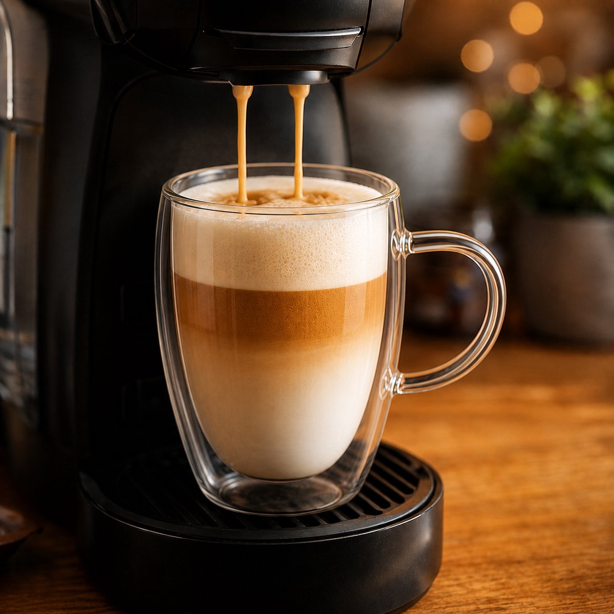 Koffiemachine schenkt espresso op melk in een dubbelwandig glas met oor van 350 ml
